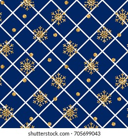 Christmas gold snowflake seamless pattern. Golden snowflakes on blue and white rhombus background. Winter snow texture wallpaper. Symbol holiday, New Year celebration Vector illustration