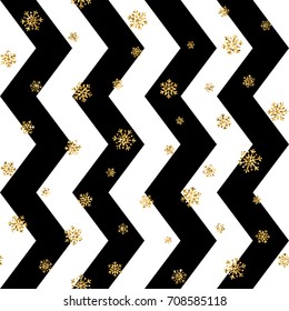Christmas gold snowflake seamless pattern. Golden glitter snowflakes on black and white zig zag background. Winter snow design wallpaper. Symbol holiday, New Year celebration Vector illustration