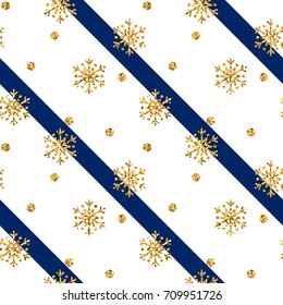 Christmas gold snowflake seamless pattern. Golden glitter snowflakes on blue white diagonal lines background. Winter snow design wallpaper Symbol holiday, New Year celebration Vector illustration