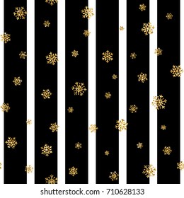 Christmas gold snowflake seamless pattern. Golden glitter snowflakes on black white lines background. Winter snow texture design wallpaper Symbol holiday, New Year celebration Vector illustration