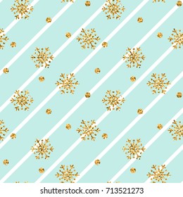 Christmas gold snowflake seamless pattern. Golden snowflakes on blue and white diagonal lines background. Winter snow design wallpaper. Symbol holiday, New Year celebration Vector illustration
