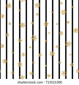 Christmas gold snowflake seamless pattern. Golden glitter snowflakes on black white lines background. Winter snow texture design wallpaper Symbol holiday, New Year celebration Vector illustration