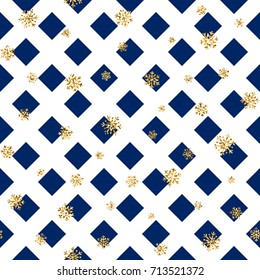 Christmas gold snowflake seamless pattern. Golden snowflakes on blue and white rhombus background. Winter snow texture wallpaper. Symbol holiday, New Year celebration Vector illustration