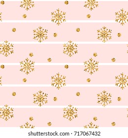 Christmas gold snowflake seamless pattern. Golden glitter snowflakes on pink white lines background. Winter snow texture design wallpaper Symbol holiday, New Year celebration Vector illustration