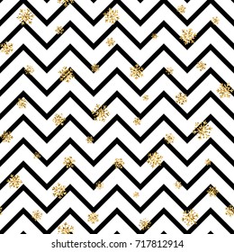 Christmas gold snowflake seamless pattern. Golden glitter snowflakes on black and white zig zag background. Winter snow design wallpaper. Symbol holiday, New Year celebration Vector illustration