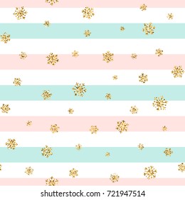 Christmas gold snowflake seamless pattern. Golden glitter snowflakes on blue pink white line background. Winter snow texture design wallpaper Symbol holiday New Year celebration Vector illustration