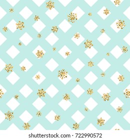 Christmas gold snowflake seamless pattern. Golden snowflakes on blue and white rhombus background. Winter snow texture wallpaper. Symbol holiday, New Year celebration Vector illustration