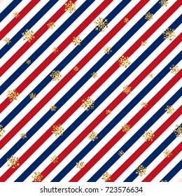 Christmas gold snowflake seamless pattern. Golden glitter snowflakes, red blue white diagonal lines background Winter snow design wallpaper Symbol holiday, New Year celebration Vector illustration
