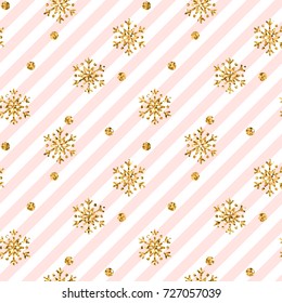 Christmas gold snowflake seamless pattern. Golden snowflakes on pink and white diagonal lines background. Winter snow texture wallpaper. Symbol holiday, New Year celebration Vector illustration