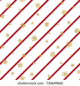 Christmas gold snowflake seamless pattern. Golden glitter snowflakes on red white diagonal lines background. Winter snow design wallpaper Symbol holiday, New Year celebration Vector illustration