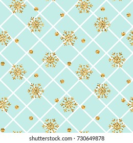 Christmas gold snowflake seamless pattern. Golden snowflakes on blue and white rhombus background. Winter snow texture wallpaper. Symbol holiday, New Year celebration Vector illustration