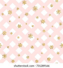 Christmas gold snowflake seamless pattern. Golden snowflakes on pink and white rhombus background. Symbol holiday, New Year celebration Vector illustration