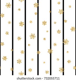Christmas gold snowflake seamless pattern. Golden glitter snowflakes on black white lines background. Winter snow texture design wallpaper Symbol holiday, New Year celebration Vector illustration