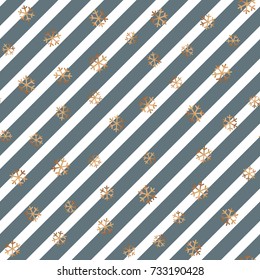 Christmas gold snowflake seamless pattern. Golden snowflakes on diagonal lines background. Winter snow design wallpaper. Symbol holiday, New Year celebration Vector illustration