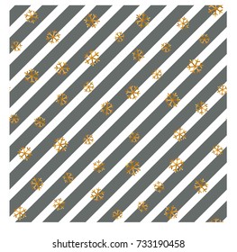 Christmas gold snowflake seamless pattern. Golden snowflakes on diagonal lines background. Winter snow design wallpaper. Symbol holiday, New Year celebration Vector illustration