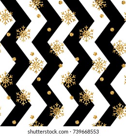 Christmas gold snowflake seamless pattern. Golden glitter snowflakes on black and white zig zag background. Winter snow design wallpaper. Symbol holiday, New Year celebration Vector illustration