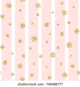 Christmas gold snowflake seamless pattern. Golden glitter snowflakes on pink white lines background. Winter snow texture design wallpaper Symbol holiday, New Year celebration Vector illustration