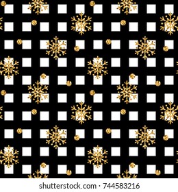 Christmas gold snowflake seamless pattern. Golden glitter snowflakes on black white square background. Winter snow design texture wallpaper Symbol holiday, New Year celebration Vector illustration
