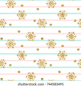Christmas gold snowflake seamless pattern. Golden glitter snowflakes on blue pink white line background. Winter snow texture design wallpaper Symbol holiday New Year celebration Vector illustration