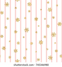 Christmas gold snowflake seamless pattern. Golden glitter snowflakes on pink white lines background. Winter snow texture design wallpaper Symbol holiday, New Year celebration Vector illustration