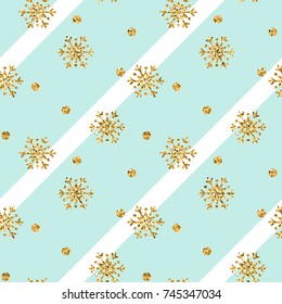 Christmas gold snowflake seamless pattern. Golden snowflakes on blue and white diagonal lines background. Winter snow design wallpaper. Symbol holiday, New Year celebration Vector illustration