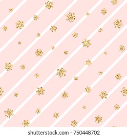 Christmas gold snowflake seamless pattern. Golden glitter snowflakes on pink white diagonal lines background. Winter snow design wallpaper Symbol holiday, New Year celebration Vector illustration