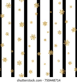 Christmas gold snowflake seamless pattern. Golden glitter snowflakes on black white lines background. Winter snow texture design wallpaper Symbol holiday, New Year celebration Vector illustration
