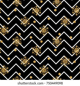Christmas gold snowflake seamless pattern. Golden glitter snowflakes on black and white zig zag background. Winter snow design wallpaper. Symbol holiday, New Year celebration Vector illustration