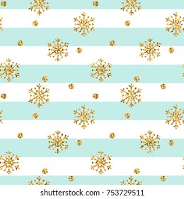 Christmas gold snowflake seamless pattern. Golden glitter snowflakes on blue white lines background. Winter snow texture design wallpaper Symbol holiday, New Year celebration Vector illustration