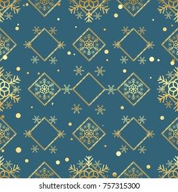 Christmas gold snowflake seamless pattern. Golden snowflakes on blue rhombus background. Winter snow texture wallpaper. Symbol holiday, New Year celebration Vector illustration