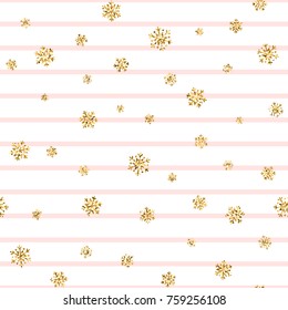 Christmas gold snowflake seamless pattern. Golden glitter snowflakes on pink white lines background. Winter snow texture design wallpaper Symbol holiday, New Year celebration Vector illustration