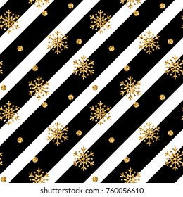 Christmas gold snowflake seamless pattern. Golden snowflakes on black and white diagonal lines background. Winter snow design wallpaper. Symbol holiday, New Year celebration Vector illustration