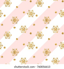 Christmas gold snowflake seamless pattern. Golden snowflakes on pink and white diagonal lines background. Winter snow design wallpaper. Symbol holiday, New Year celebration Vector illustration