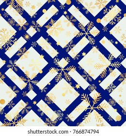 Christmas gold snowflake seamless pattern. Golden glitter snowflakes on blue white diagonal lines background. Winter snow design wallpaper Symbol holiday, New Year celebration Vector illustration