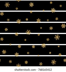 Christmas gold snowflake seamless pattern. Golden glitter snowflakes on black white lines background. Winter snow texture design wallpaper Symbol holiday, New Year celebration Vector illustration
