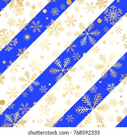 Christmas gold snowflake seamless pattern. Golden snowflakes on blue and white diagonal lines background. Winter snow texture wallpaper. Symbol holiday, New Year celebration Vector illustration