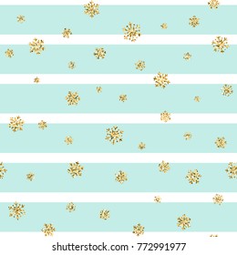 Christmas gold snowflake seamless pattern. Golden glitter snowflakes on blue white lines background. Winter snow texture design wallpaper Symbol holiday, New Year celebration Vector illustration