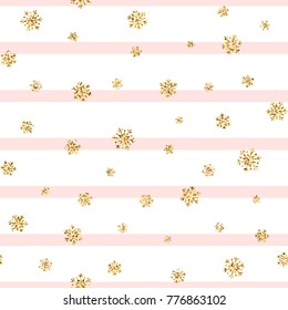 Christmas gold snowflake seamless pattern. Golden glitter snowflakes on pink white lines background. Winter snow texture design wallpaper Symbol holiday, New Year celebration Vector illustration