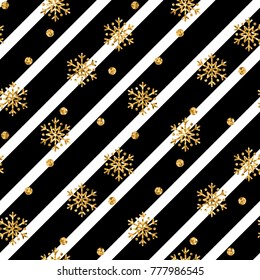 Christmas gold snowflake seamless pattern. Golden snowflakes on black and white diagonal lines background. Winter snow design wallpaper. Symbol holiday, New Year celebration Vector illustration