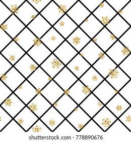 Christmas gold snowflake seamless pattern. Golden snowflakes on black and white rhombus background. Winter snow texture wallpaper. Symbol holiday, New Year celebration Vector illustration