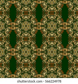 Christmas gold snowflakes seamless pattern. Vector illustration. Golden glitter snowflakes on a green background. Symbol holiday, New Year 2018 celebration. Winter snow design wallpaper.