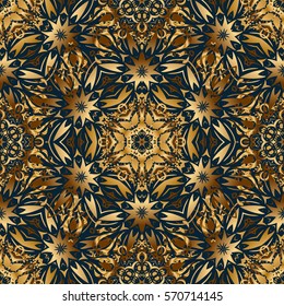 Christmas gold snowflakes seamless pattern. Symbol holiday, New Year 2018 celebration. Vector illustration. Glitter snowflakes on a blue background. Winter snow design wallpaper.