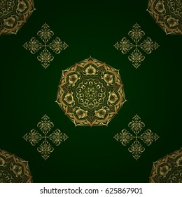 Christmas gold snowflakes seamless pattern. Golden glitter snowflakes on a green background. Winter snow design wallpaper. Symbol holiday, New Year 2018 celebration. Vector illustration.