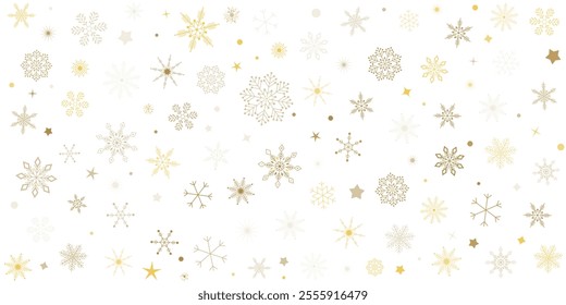 Christmas Gold snowflakes Transparent background. Winter gold snow falling minimal decoration confetti star pattern. simple noel subtle snowfall backdrop. snowy nature landscape vector illustration.