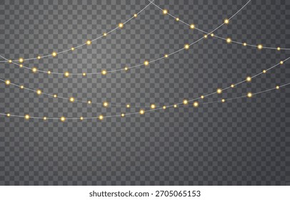 Navidades de oro Luces de cuerda brillantes suaves cuelgan sobre un fondo transparente, un efecto de destello decorativo cálido y festivo para tarjetas de felicitación, invitaciones, invitaciones publicitarias y postales