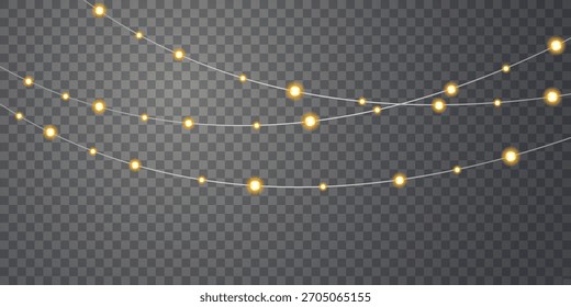 Christmas gold Soft glowing string lights hang on a transparent background, a warm and festive decorative sparkle effect. for greeting cards, invitations, advertising invitations, and postcards