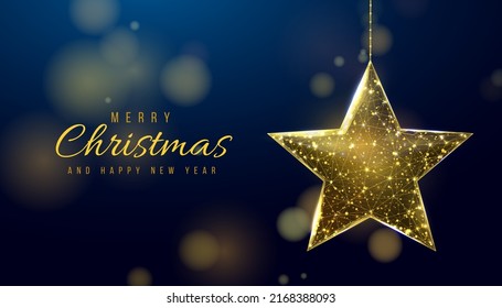 Weihnachtsgoldstern, Wireframe Low-Poly-Stil. Banner für das Konzept von Weihnachten oder Neujahr. Abstrakte moderne 3D-Vektorgrafik auf blauem Hintergrund.