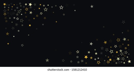 Christmas gold stars background, holidays vector confetti falling on black. magic shining flying stars on night sky and glitter dots cosmic backdrop, sparkle border.