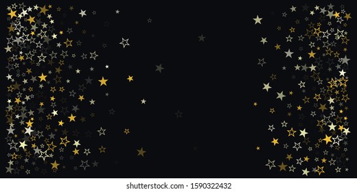 Christmas gold stars background, holidays vector confetti falling on black. magic shining flying stars on night sky and glitter dots cosmic backdrop, sparkle border.