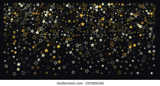 Christmas gold stars background, holidays vector confetti falling on black. magic shining flying stars on night sky and glitter dots cosmic backdrop, sparkle border.